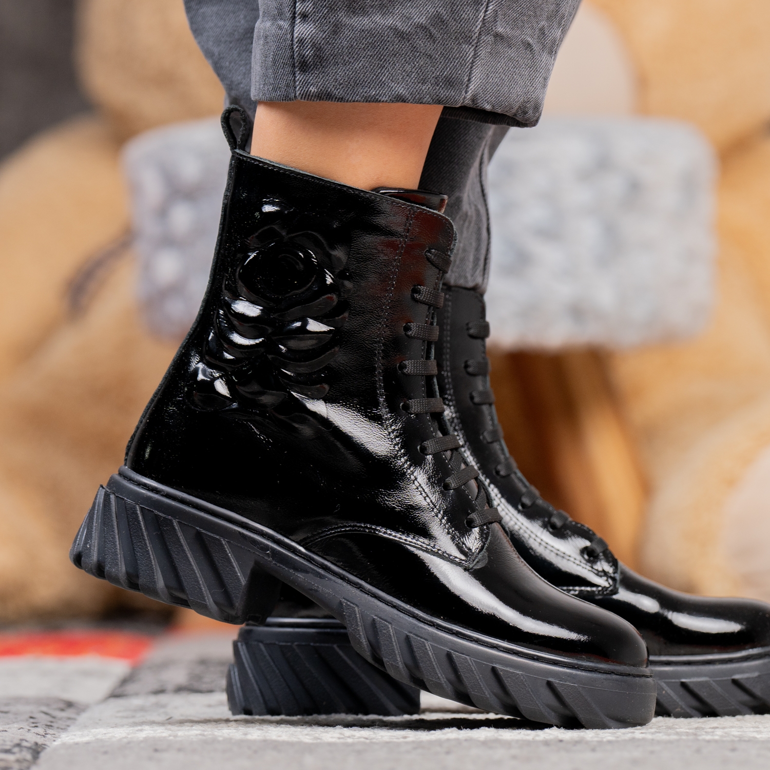 Elegant Children's Ankle Boots PONKI ROSES BLACK-LAK, sizes 31-36