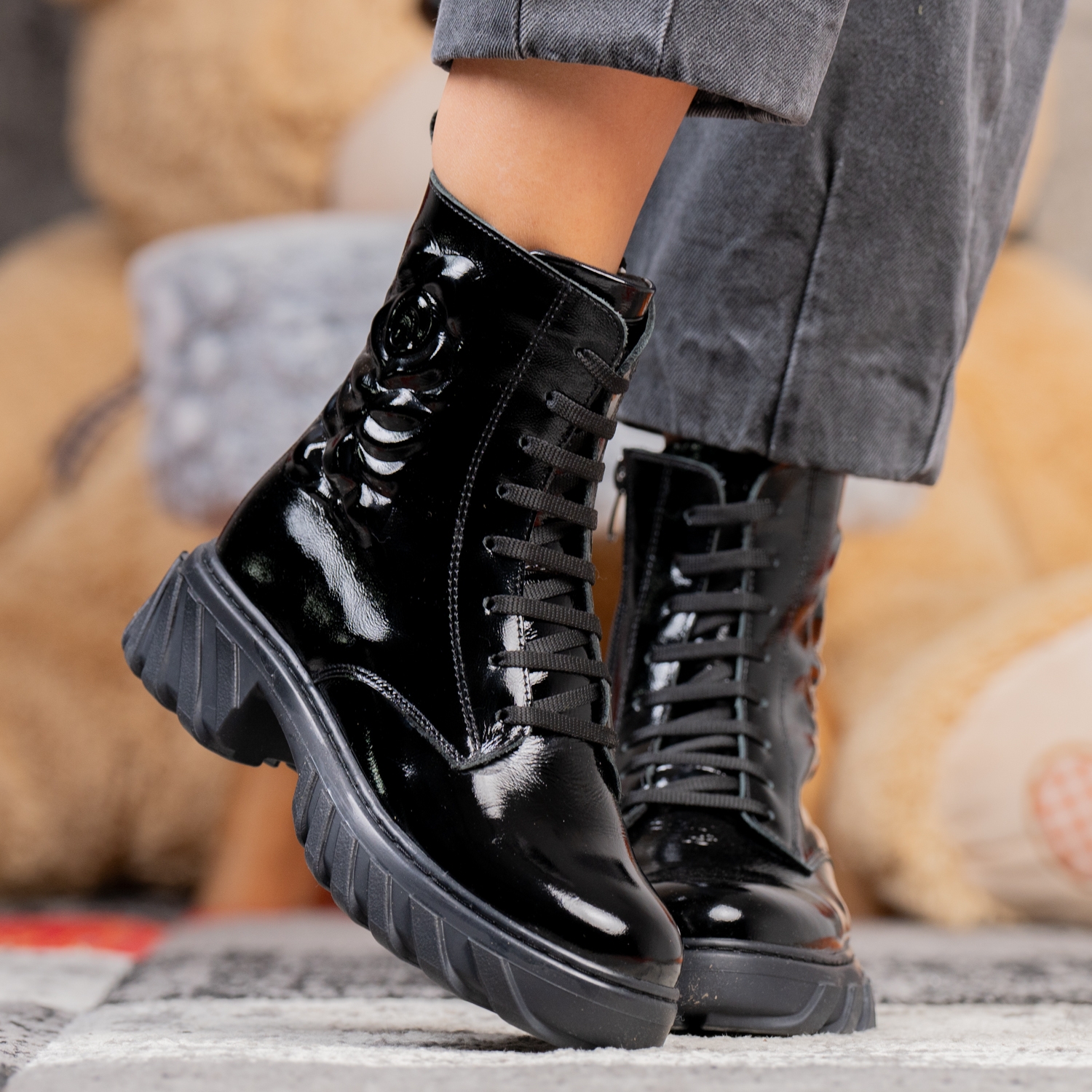 Elegant Children's Ankle Boots PONKI ROSES BLACK-LAK, sizes 31-36